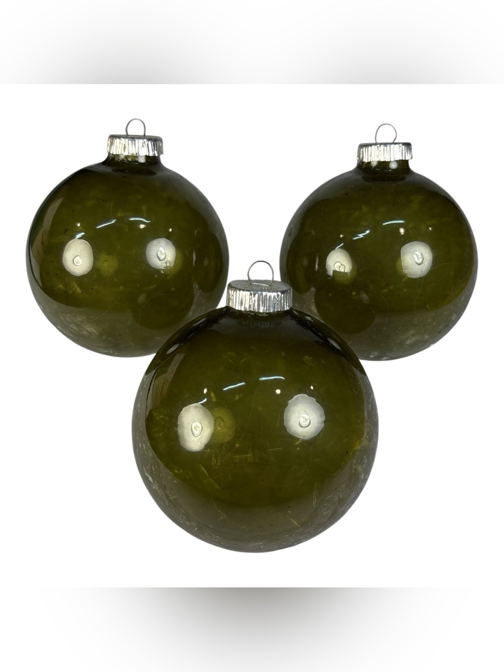3 Vintage 3" West German Transparent Unsilvered Green Glass Christmas Ornament